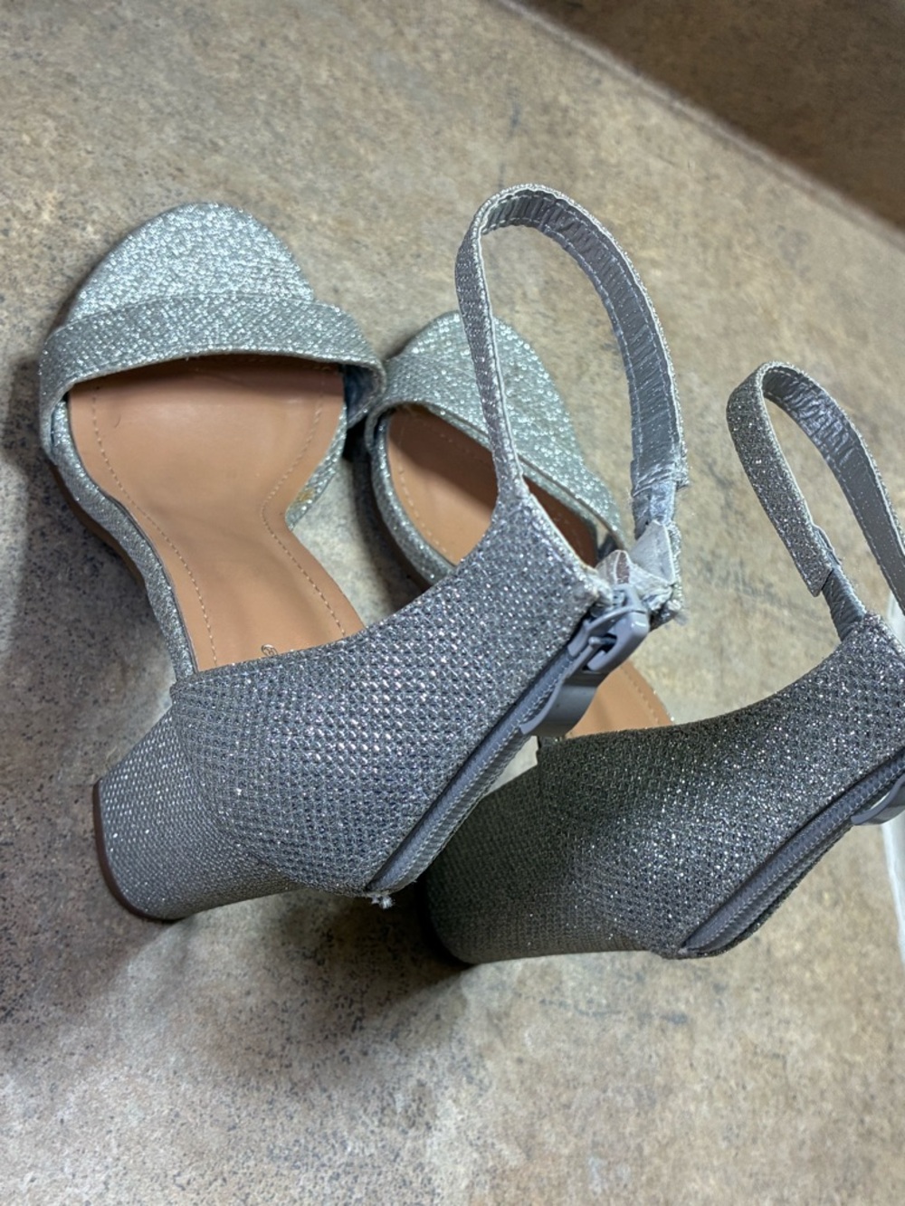 Windsor Silver Glitter Block Heel Sandals with Ankle Strap